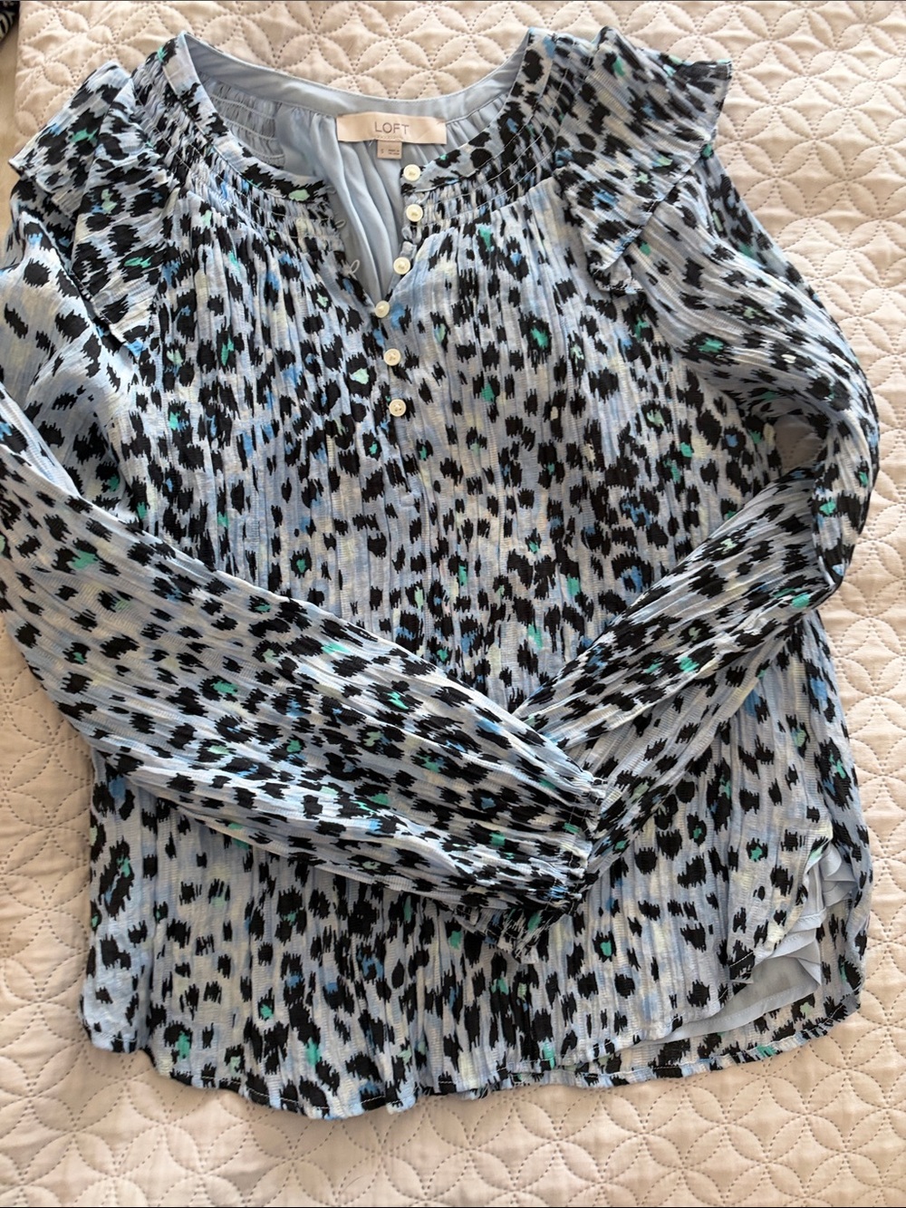 LOFT Light Blue Leopard-Print Button Front Blouse